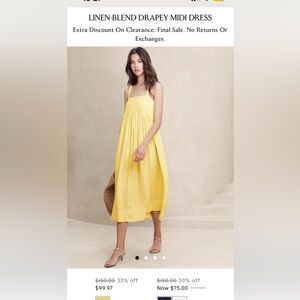 NWT banana republic linen blend drapery midi dress yellow